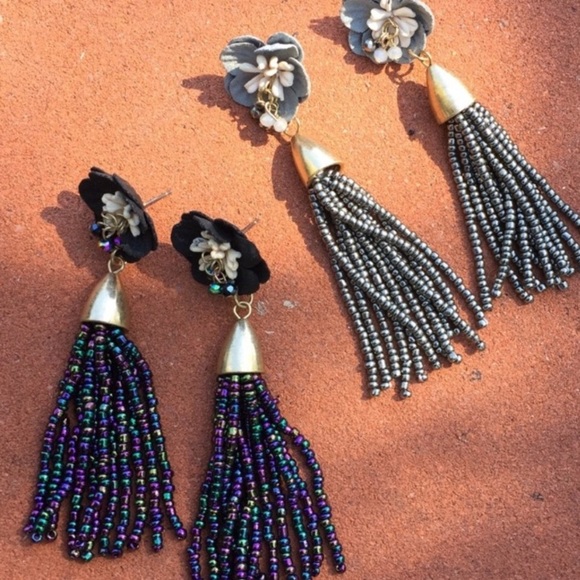 Fabric Flower Post Beaded Tassel Post Earrings - Picture 5 of 8